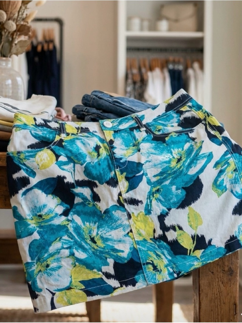 St. John's Bay Teal, Blue & Lime Floral Mini Skirt